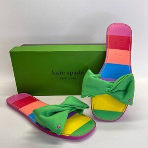 kate spade Multicolor Striped Slide Sandals with Green Bow